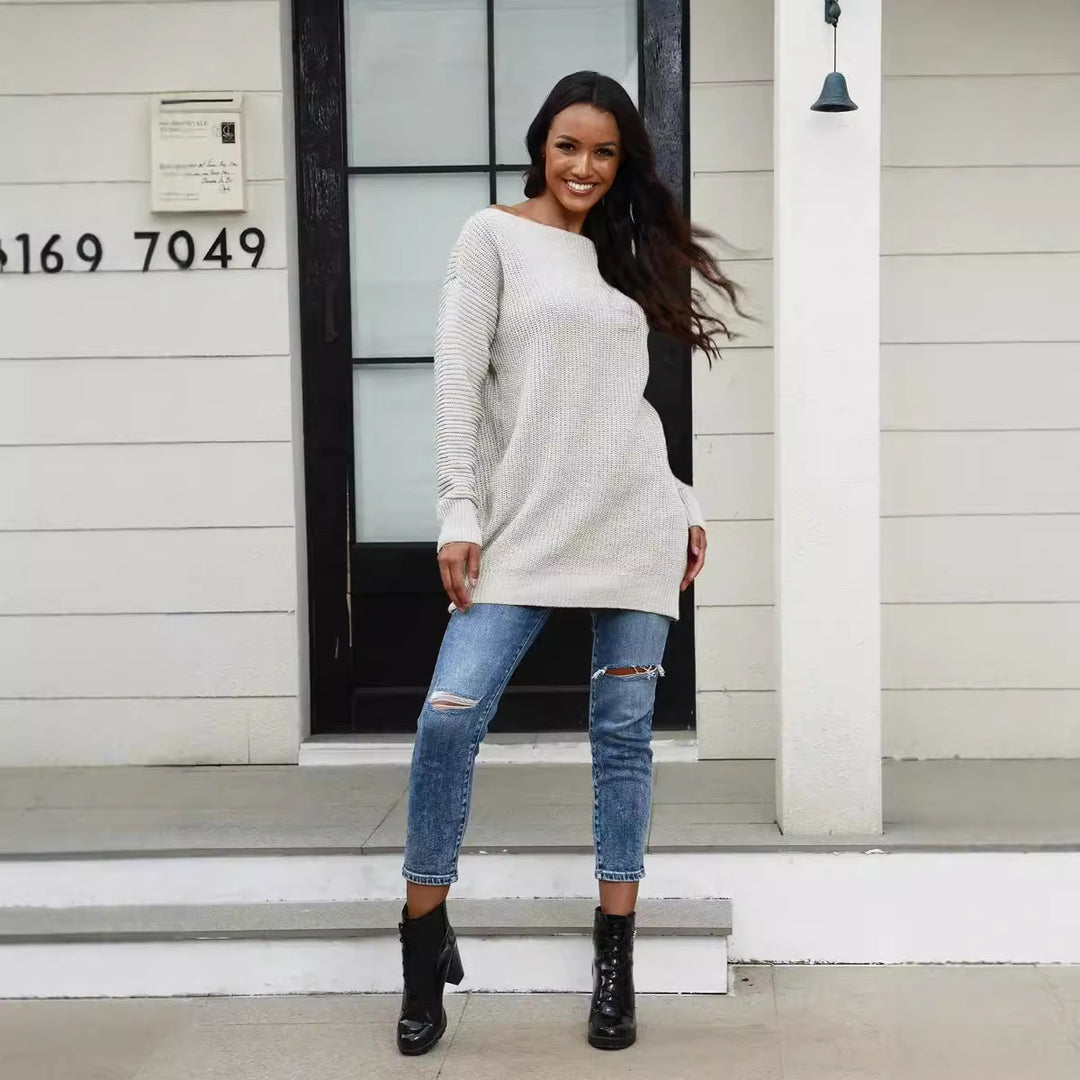 Damen lässiger Strickpullover mit weitem Ausschnitt und Rippstruktur EB