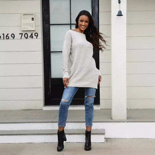 Damen lässiger Strickpullover mit weitem Ausschnitt und Rippstruktur EB
