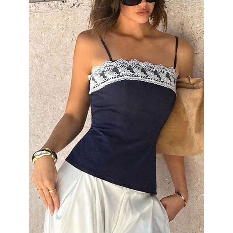 Damen Spaghetti-Träger Top mit elegantem Spitzenrand EB