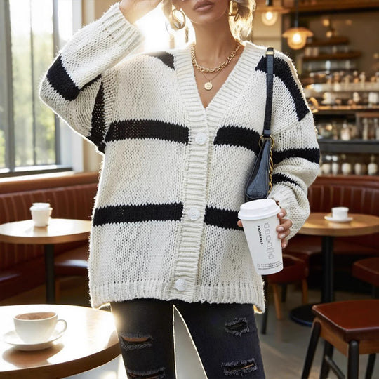 Damen Grobstrickjacke mit modischen Streifen EB