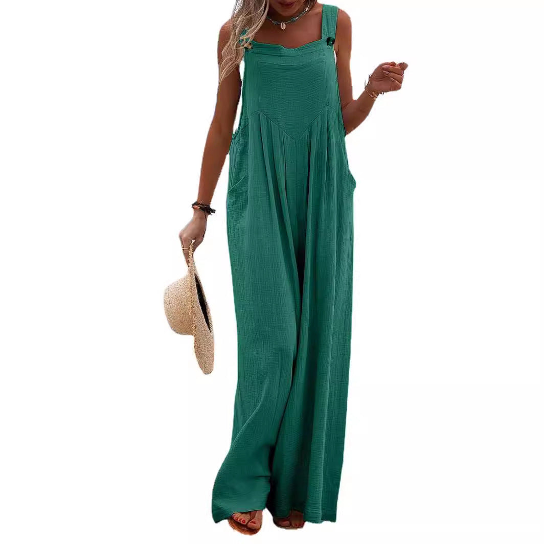 Damen luftiger Jumpsuit mit praktischen Taschen und verstellbaren Trägern EB