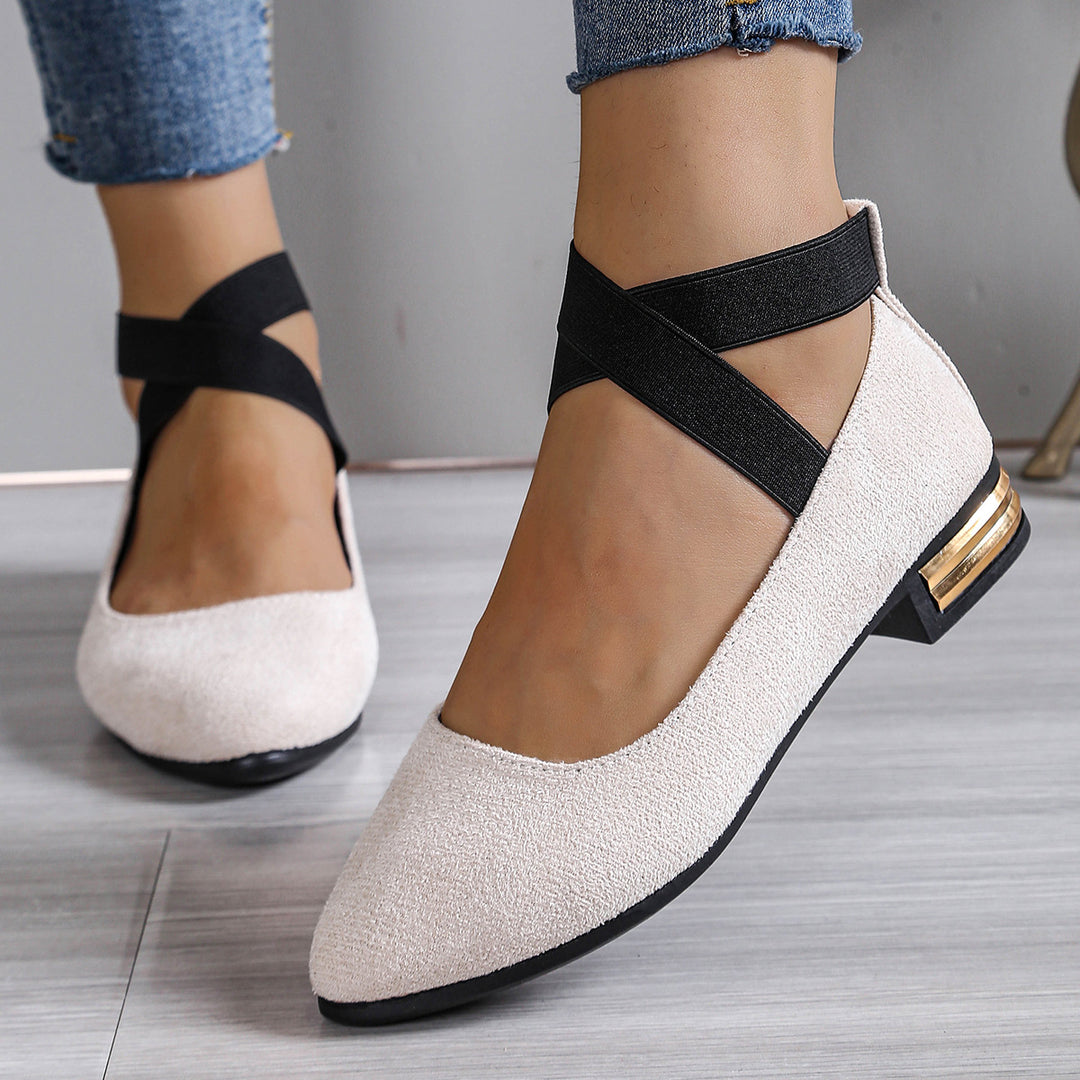 Damen Elegante Ballerinas mit modischem elastischen Riemen und goldfarbenem Detail EB