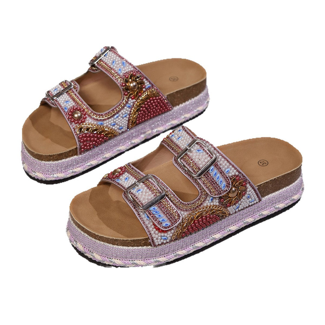 Damen Bequeme und modische Platform-Sandalen mit verstellbaren Riemen und bunten Applikationen EB