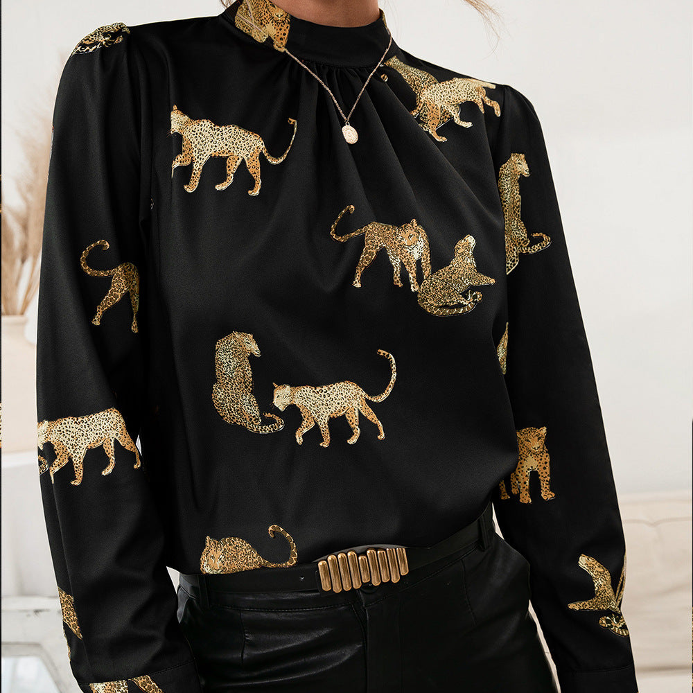 Damen Bluse mit glamourösem Tierdruck und eleganter Stehkragenform EB