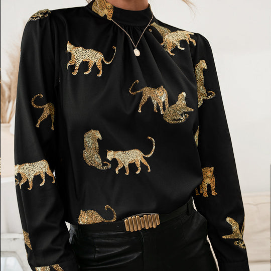 Damen Bluse mit glamourösem Tierdruck und eleganter Stehkragenform EB