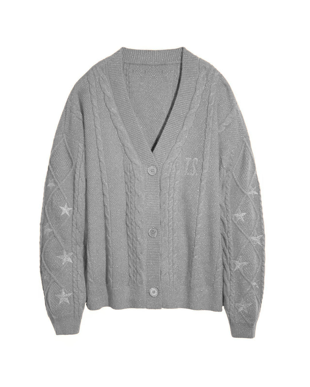 Damen nan großzügiger Grobstrick-Cardigan mit Zopfmuster, V-Ausschnitt und Sternstickereien EB