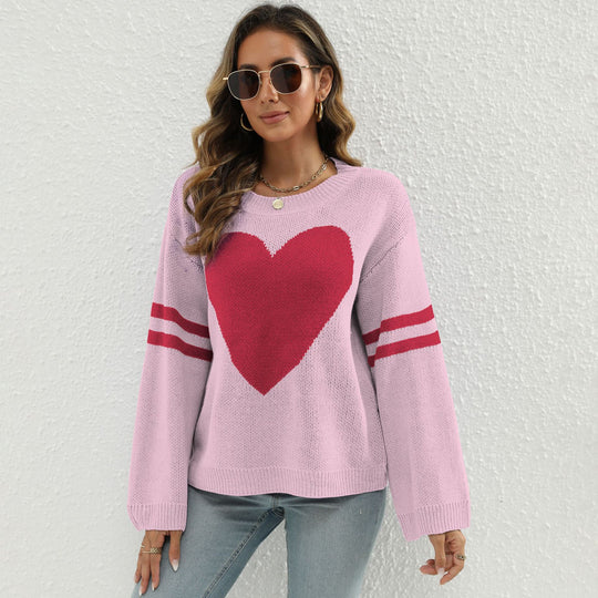Damen Strickpullover mit Herzmotiv und lässigen Ärmelabschlüssen EB