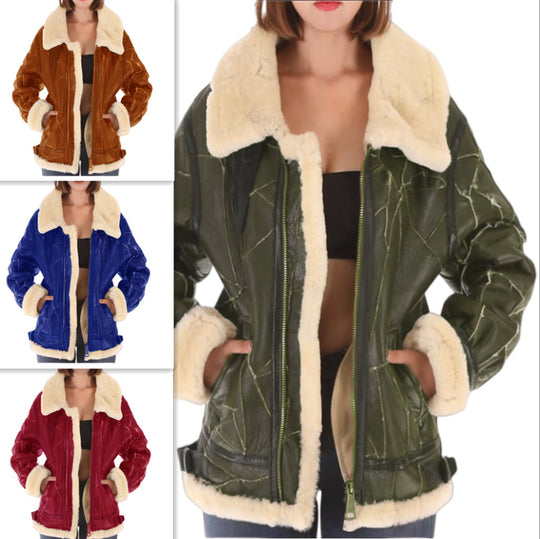Damen lässige Kunstlederjacke mit warmem Fellkragen EB