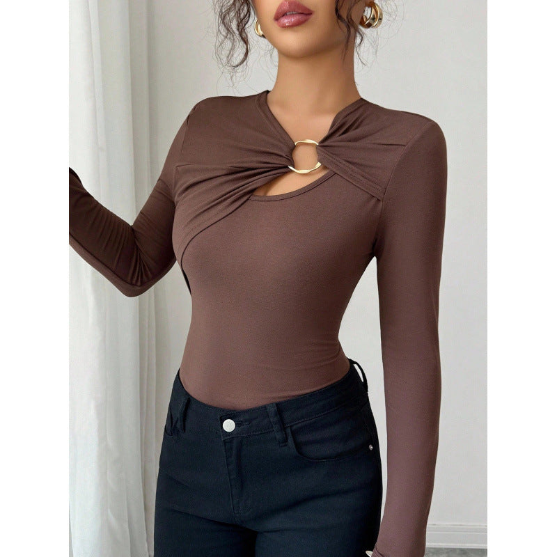 Damen Bodysuit mit dekorativem Ring-Detail und langem Arm EB