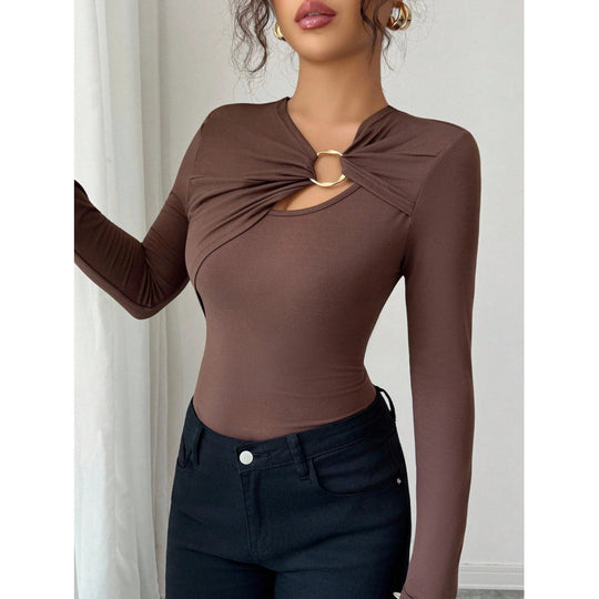 Damen Bodysuit mit dekorativem Ring-Detail und langem Arm EB