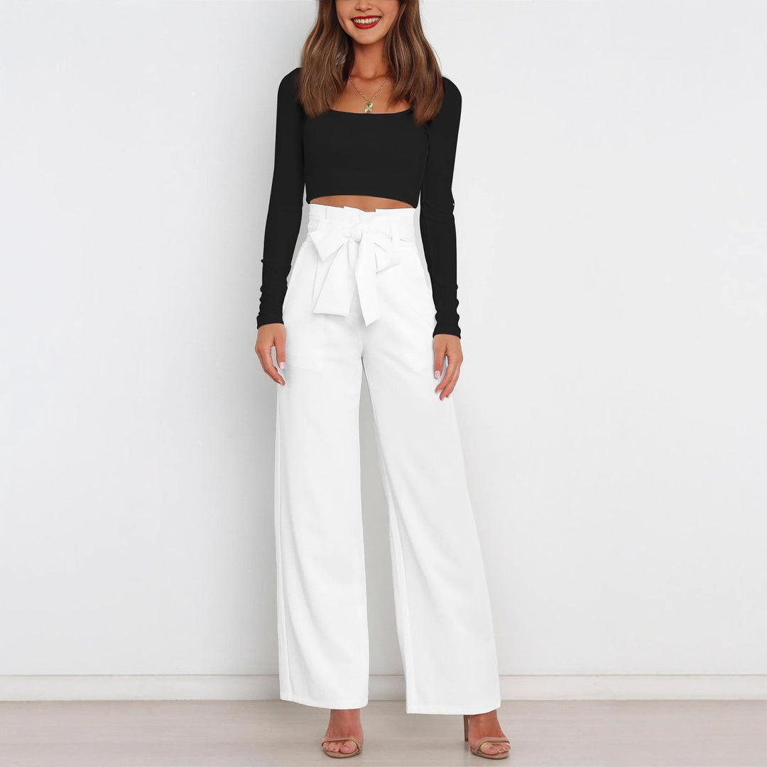 Damen Weit geschnittene High-Waist-Hose mit Binde-Gürtel und Taschen EB