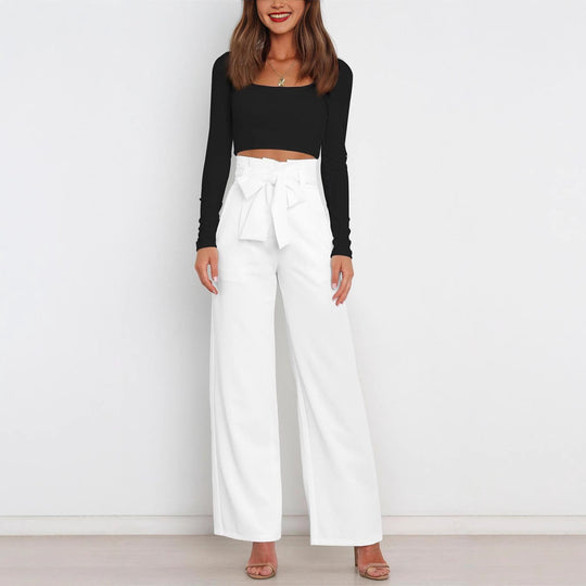 Damen Weit geschnittene High-Waist-Hose mit Binde-Gürtel und Taschen EB