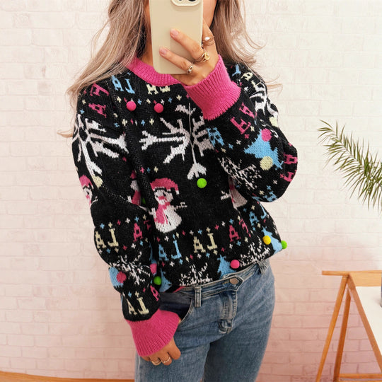Damen festlicher Pullover mit farbenfrohen Weihnachtsmotiven und verspielten Details EB