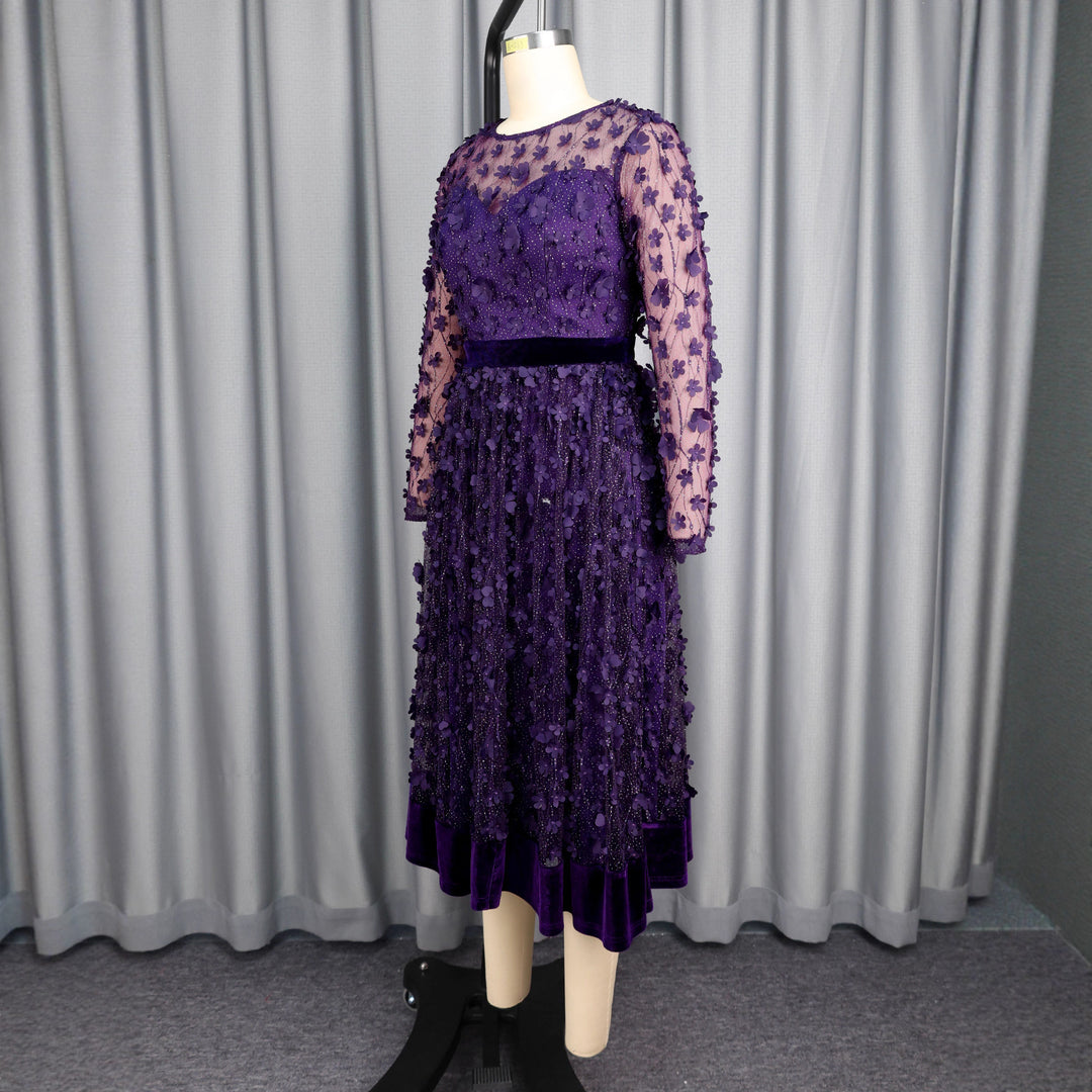 Damen elegantes A-Linien Abendkleid mit floralen Spitzenapplikationen EB