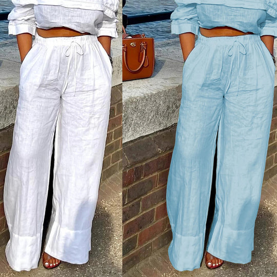 Damen Weite Leinenhose mit elastischem Bund und praktischen Eingrifftaschen EB