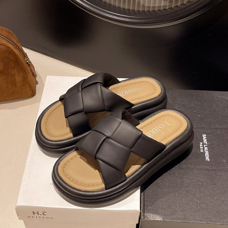 Damen flache Pantoletten mit geflochtenem Riemendesign und rutschfester Sohle EB