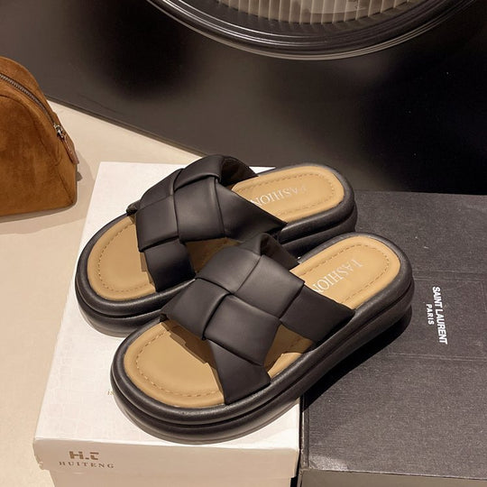 Damen flache Pantoletten mit geflochtenem Riemendesign und rutschfester Sohle EB
