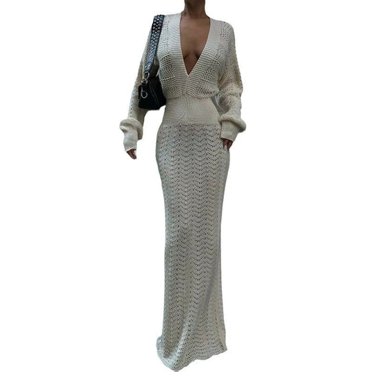 Damen elegantes gehäkeltes Maxikleid mit tiefem V-Ausschnitt EB