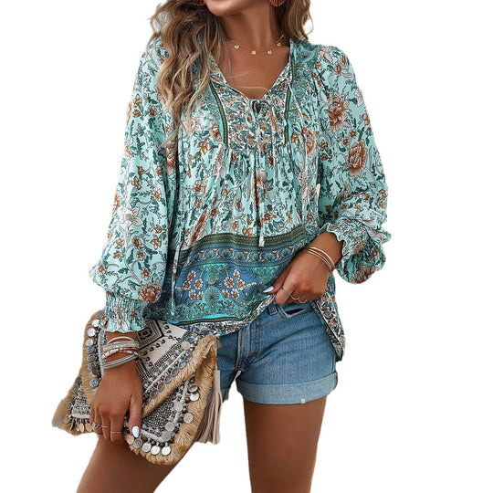 Damen nan lockere Boho-Tunika mit V-Ausschnitt Bindeband gerafften Ärmeln und floralem Muster EB