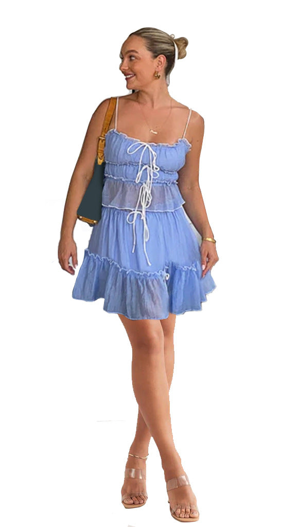 Damen luftiges Wickelkleid mit Rüschendetails und Kontrastbändern EB