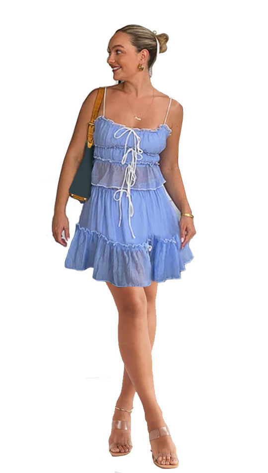 Damen luftiges Wickelkleid mit Rüschendetails und Kontrastbändern EB