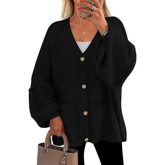 Damen Oversized Strickjacke mit Knöpfen und großen Taschen EB