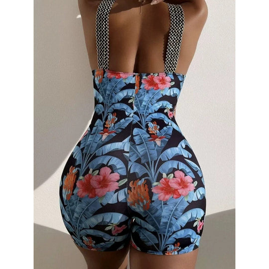 Damen Einteiliger Badeanzug mit tiefem V-Ausschnitt und modischem floralem Design EB