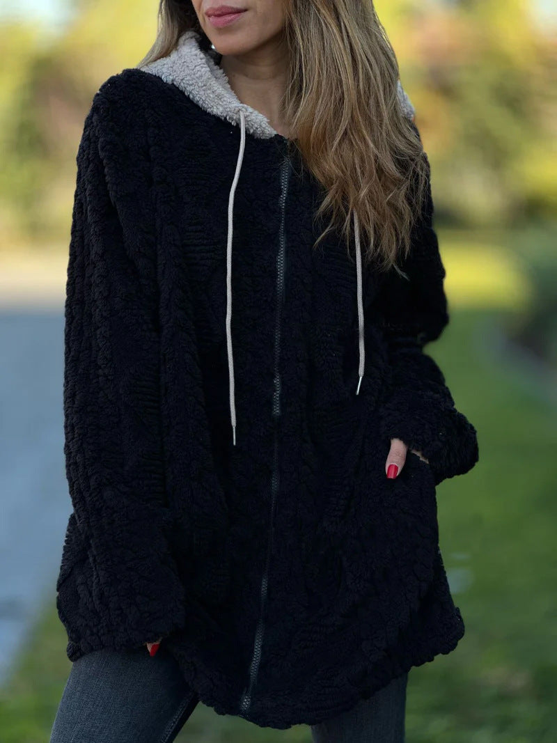 Damen Übergroße Fleecejacke mit Kapuze und Reißverschluss EB