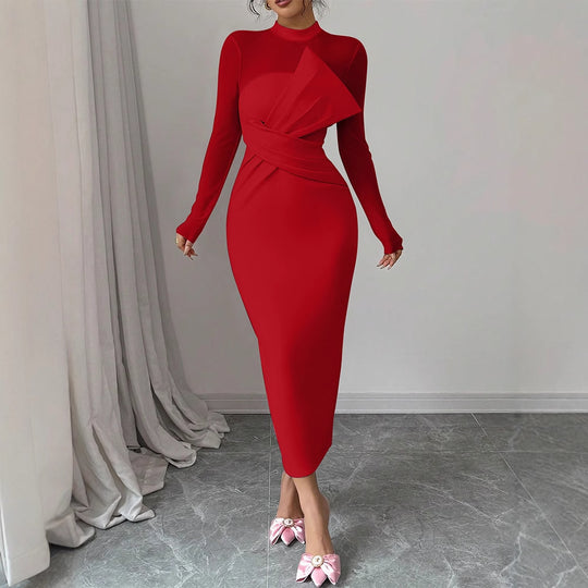 Damen Elegantes Langarm-Midi-Kleid mit raffinierter Drapierung und figurbetonter Silhouette EB