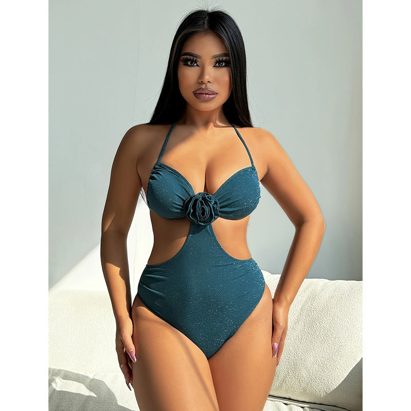 Damen Einteiliger Cut-Out Badeanzug mit floralem Design und glamourösen Akzenten EB