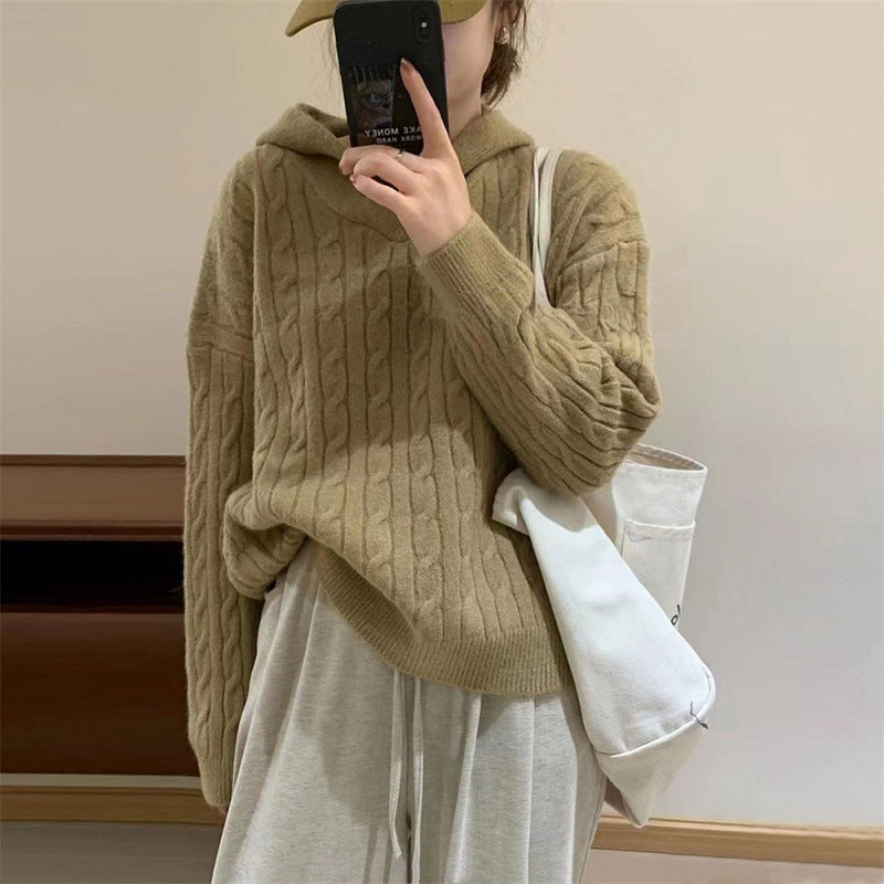 Damen Kuscheliger Strickpullover mit Kapuze und Kabelmuster EB