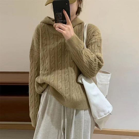 Damen Kuscheliger Strickpullover mit Kapuze und Kabelmuster EB