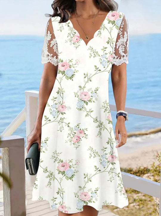Damen nan A-Linien-Midikleid mit wellenförmigem V-Ausschnitt, ganzflächigem Blumenmuster und transparenten Spitzenärmeln EB
