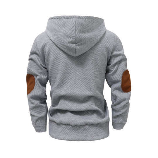Herren nan strukturierter Kapuzenpullover im Henley-Stil mit Kontrastbesatz und Ellenbogenaufnähern EB
