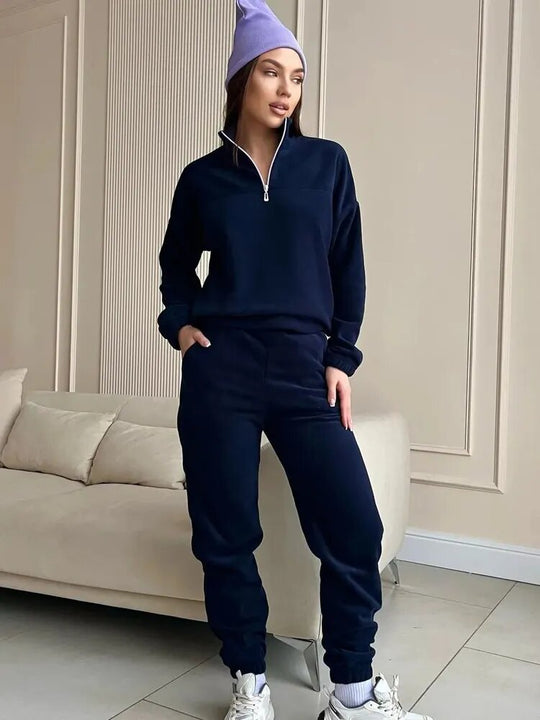 Damen Kuscheliges Fleece-Loungewear-Set mit Halb-Reißverschluss und elastischem Bund EB