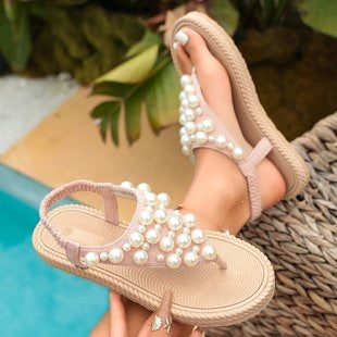 Damen Orientierende Riemchensandalen mit Perlenverzierungen EB