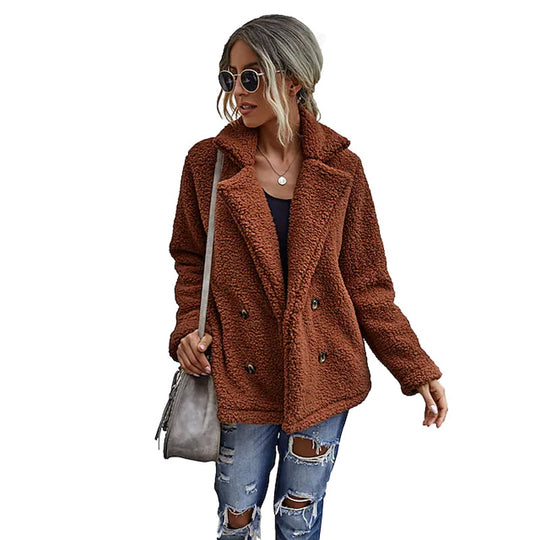 Damen Flauschiger Doppelreiher Blazer aus Kunstfell EB