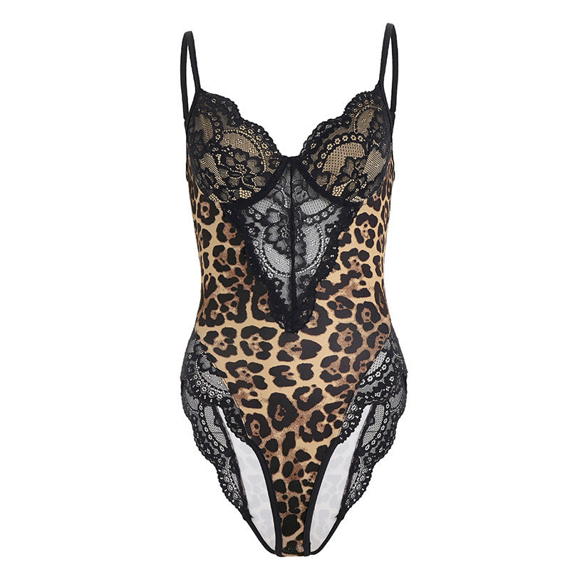 Damen-Spitzen-Bodysuit mit animalischem Muster und sexy Cut-Outs EB