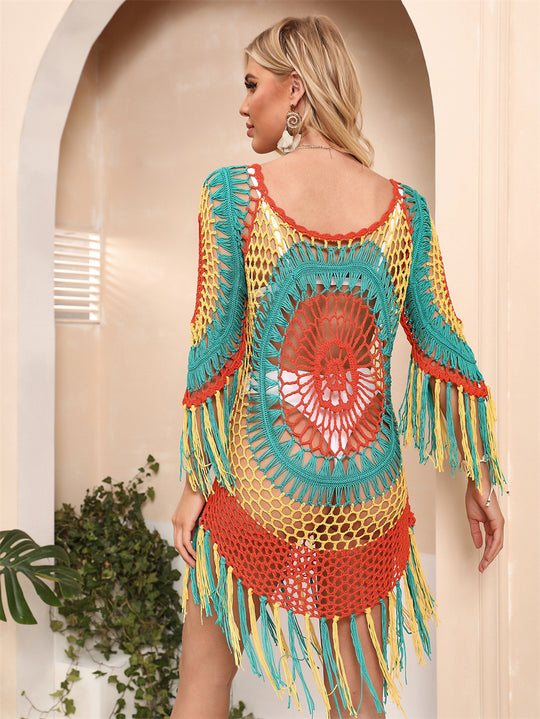 Damen Häkel-Strandkleid mit auffälligem Fransen-Design EB