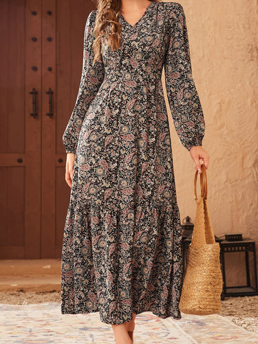 Damen Maxikleid mit voluminösen Ärmeln und elegantem Blumenmuster EB