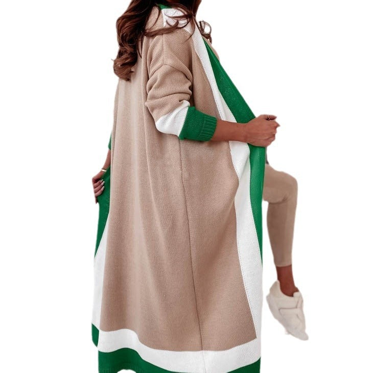 Damen Großer modischer Strickmantel mit auffälligem Farbblockdesign EB