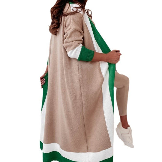 Damen Großer modischer Strickmantel mit auffälligem Farbblockdesign EB
