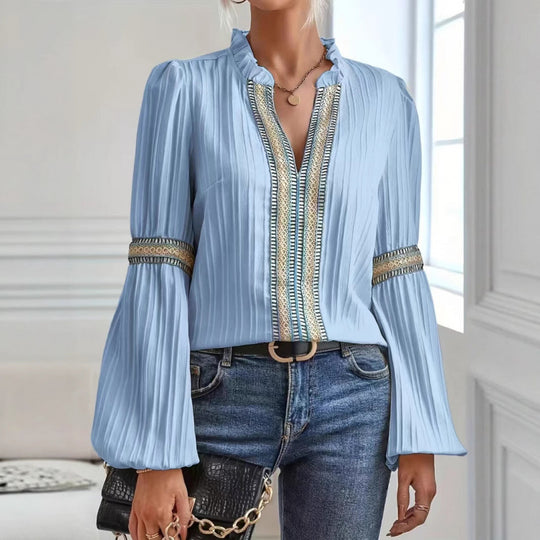 Damen elegante plissierte Bluse mit verzierten Besätzen EB