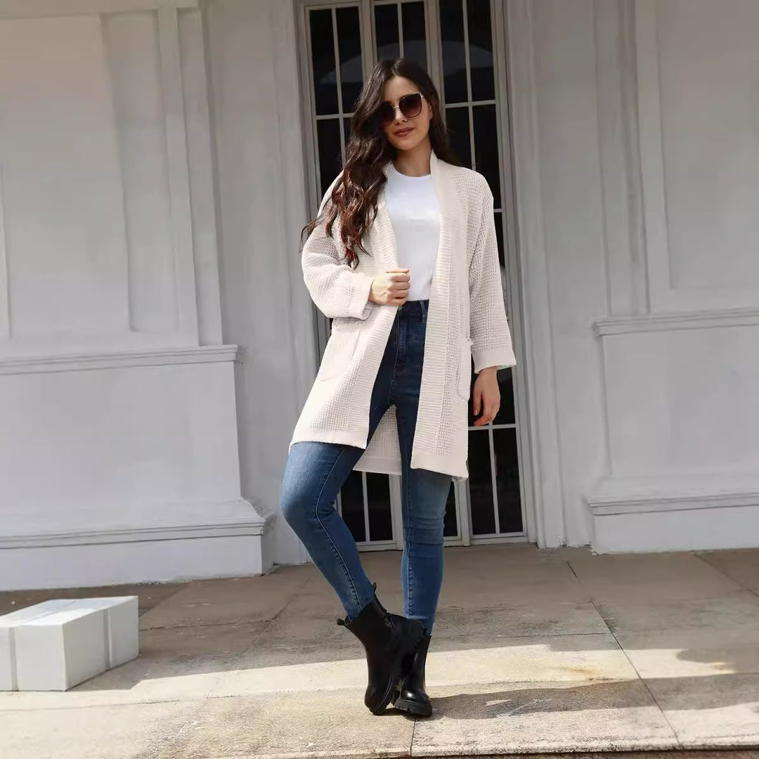 Damen lässiger Strickcardigan mit offenen Taschen und modernem Waffelmuster EB