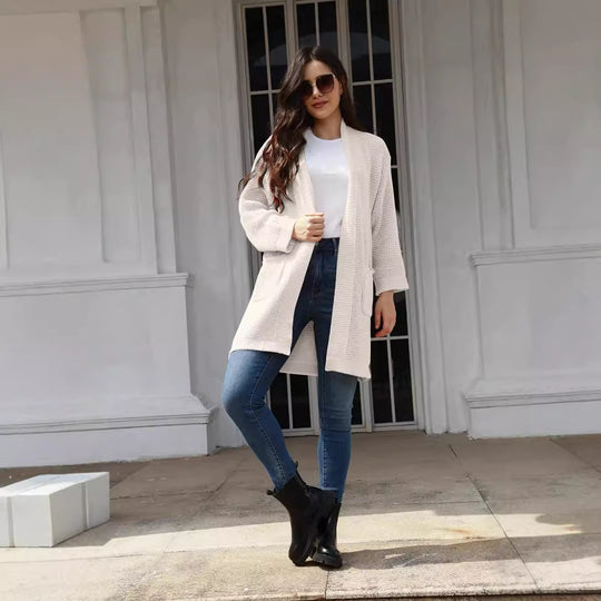 Damen lässiger Strickcardigan mit offenen Taschen und modernem Waffelmuster EB
