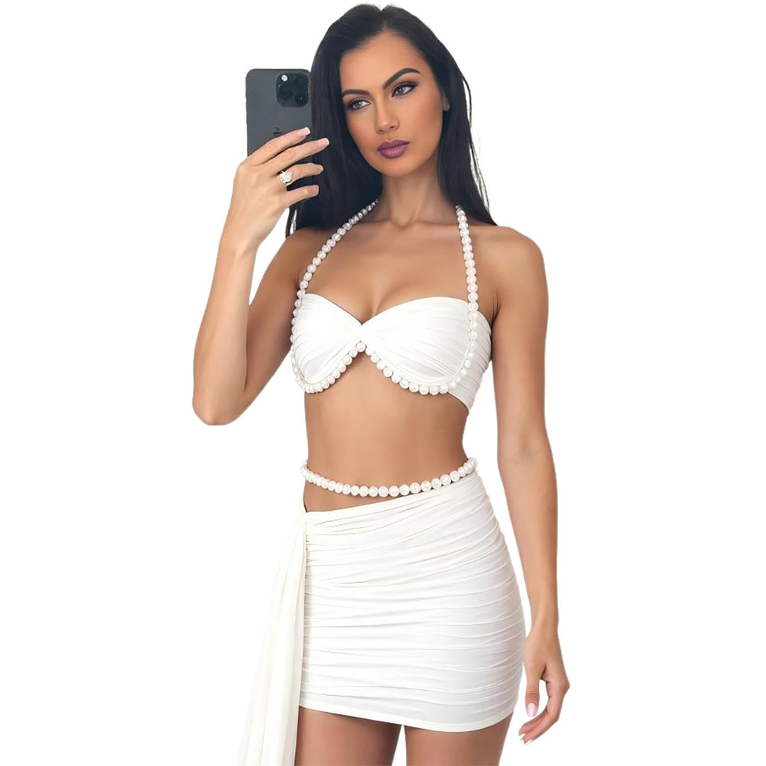 Damen Oberteil und Rock Set mit perlverziertem Design EB