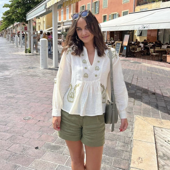 Damen bestickte Bluse mit Balloon-Ärmeln und V-Ausschnitt EB