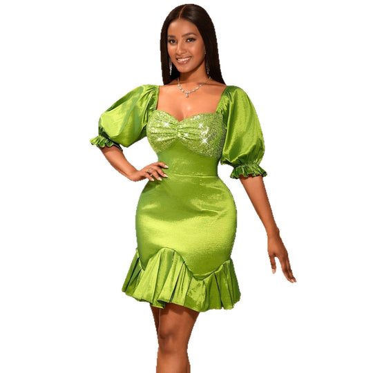 Damen Festliches Kleid mit glitzerndem Bustier und voluminösen Ärmeln EB