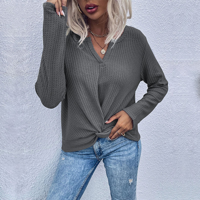 Damen lässiger V-Ausschnitt Pullover mit Knopfdetails und Knotendesign EB