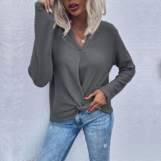 Damen lässiger V-Ausschnitt Pullover mit Knopfdetails und Knotendesign EB